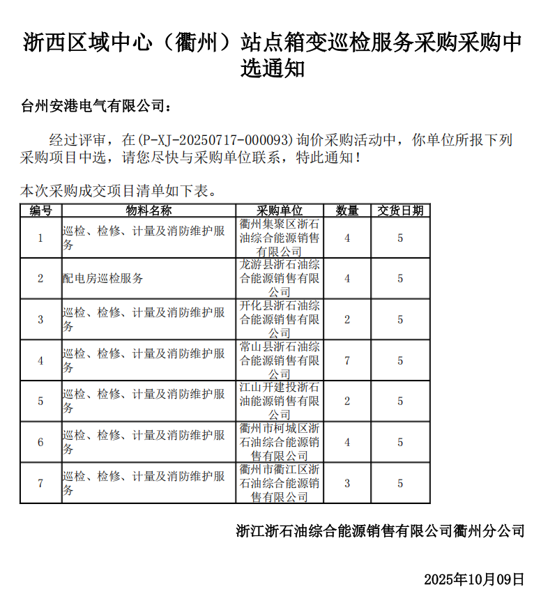 喜报!台州安港电气有限公司中标浙西区域中心(衢州)站点箱变巡检服务采购项目